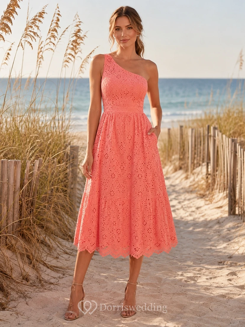 Coral Lace Spaghetti Strap Sleeveless Tea Length A-Line Dress