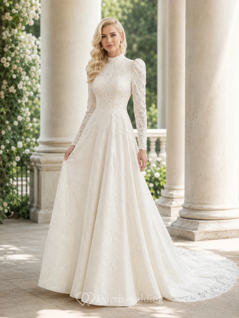 Modest High Neck Lace Wedding A Line Long Puff Sleeve Chapel Train