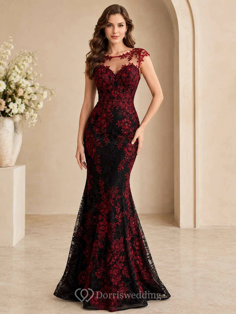 Black Red Floral Lace Cap Sleeve Mermaid Floor-length Sweep Train Formal Gown