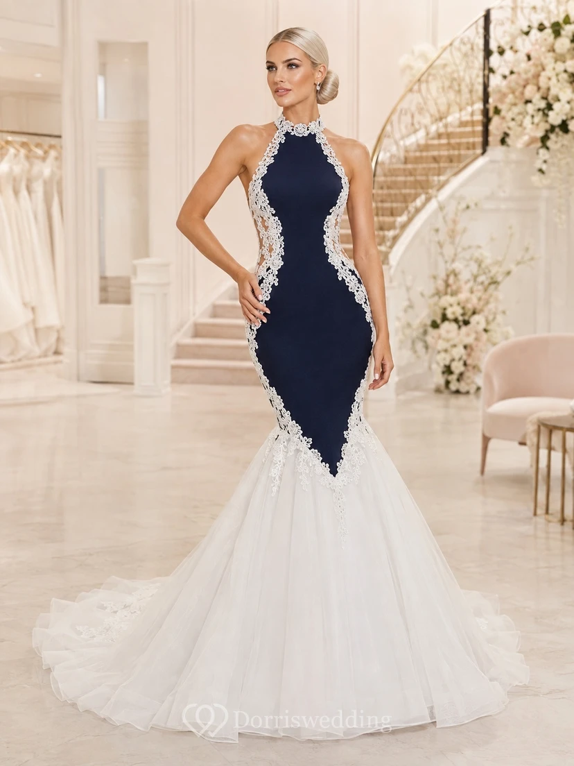 Modernes Brautkleid im Meerjungfrauen-Stil mit Farbblock-Design, ärmellos, aus Stretch-Satin