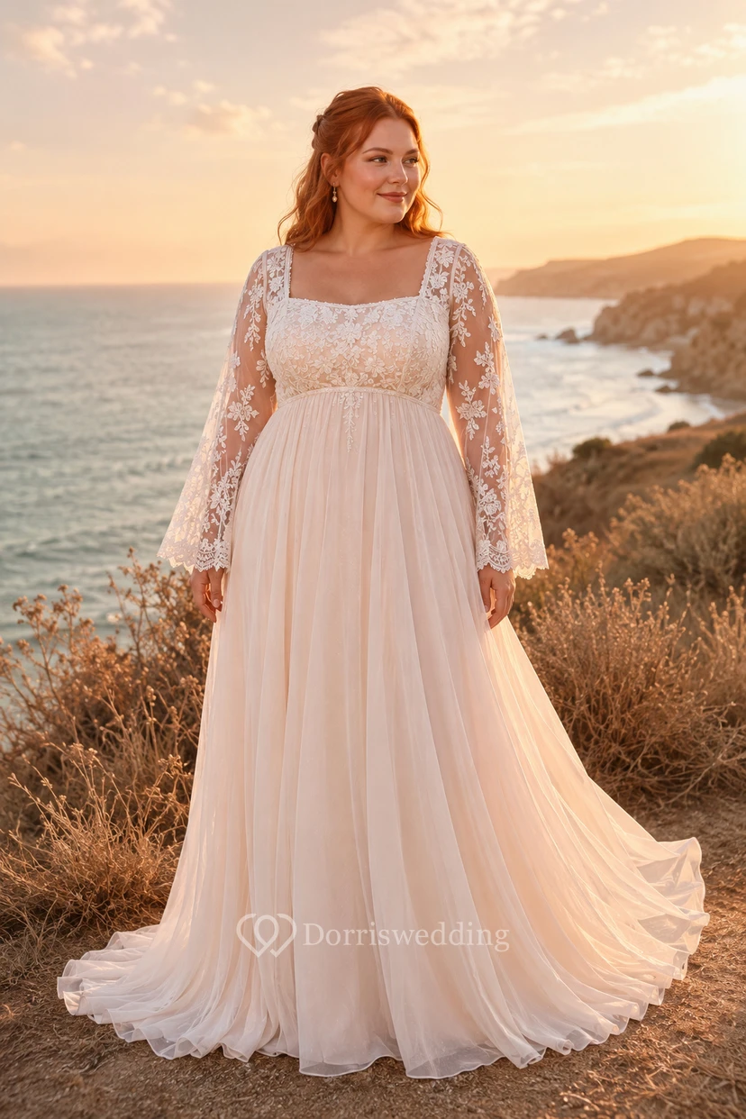 Vestido de novia de talla grande color marfil con escote cuadrado, manga larga y corte en A de tul