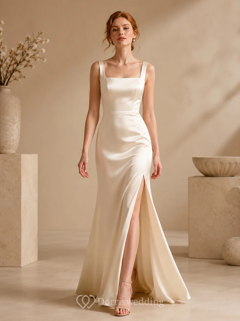Beach Satin Wedding Dress Sheath Square Neck Sleeveless Sweep Train with Slit Open Back Bridal Gown