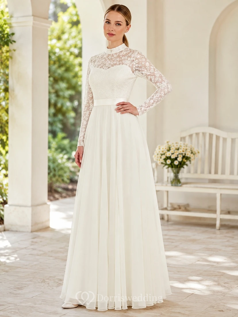 High Neck Long Sleeve Illusion Lace Floor-length A-line Modest Wedding Elegant Dress