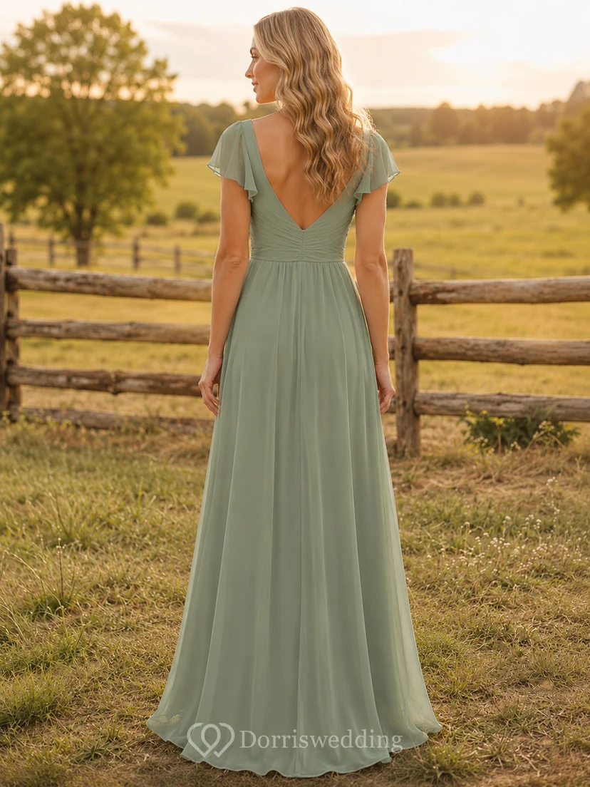 Sage Chiffon A-Line V-Neck Flutter Sleeve Pleated Low Back Floor-Length Bridesmaid Dress view 2