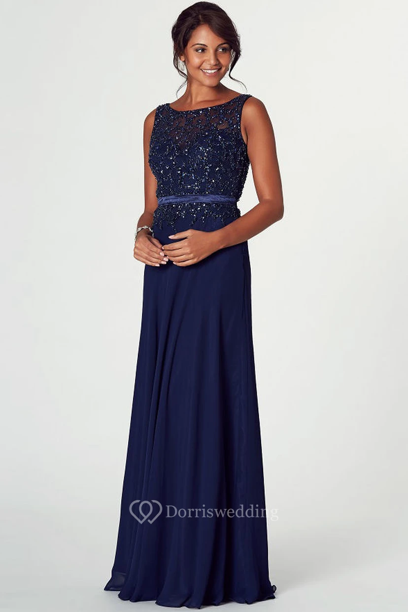 Floor-Length Mermaid Bateau Neck Sleeveless Beaded Chiffon Prom Dress