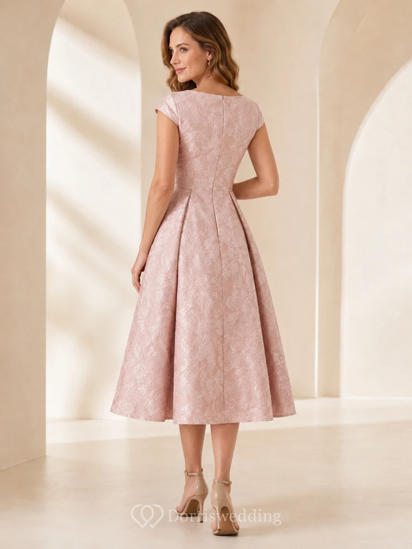 Vestido midi de jacquard con escote cuadrado en tono rosa empolvado para ocasiones especiales. view 2