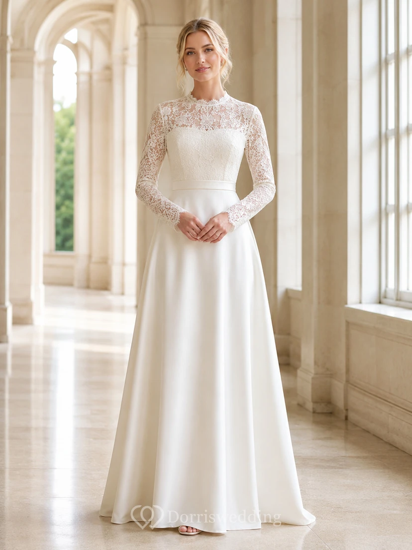 Robe de mariée Temple Heirloom en satin, coupe trapèze, longueur au sol, col montant, manches longues, style modeste.