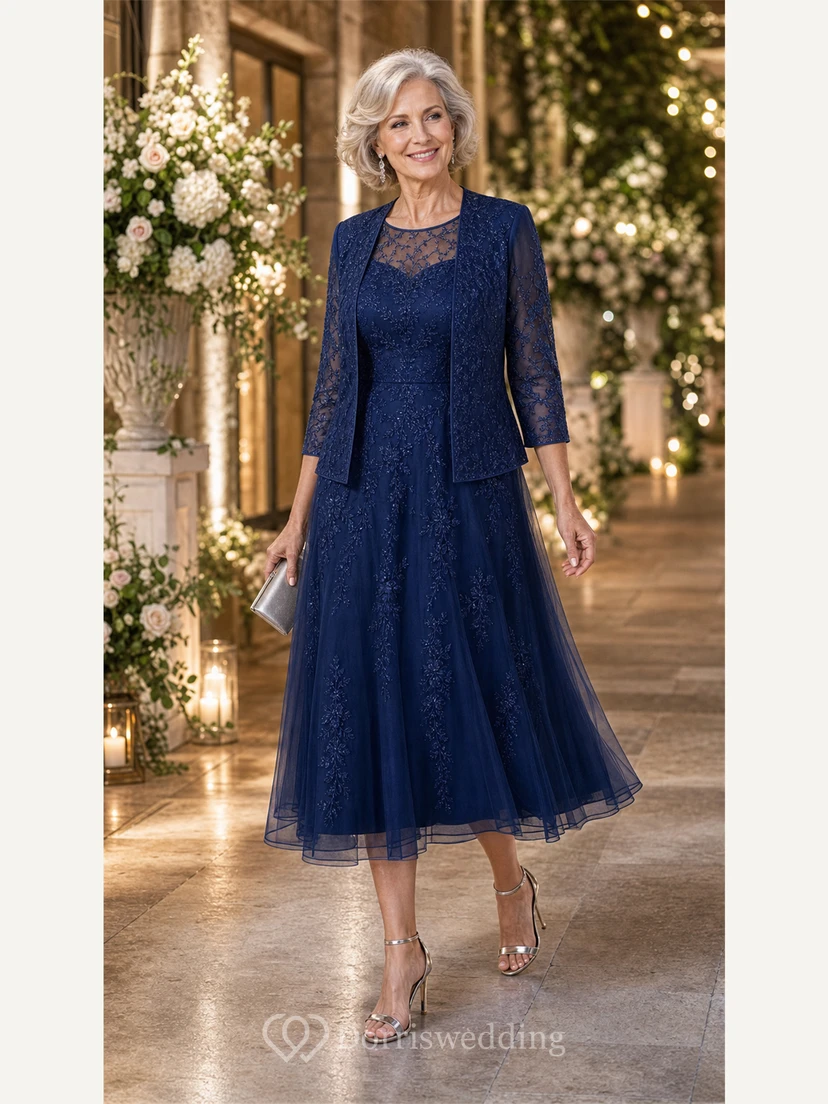 Sage Green Lace Applique Tea-Length Mother of the Bride Dress with Jacket view 8