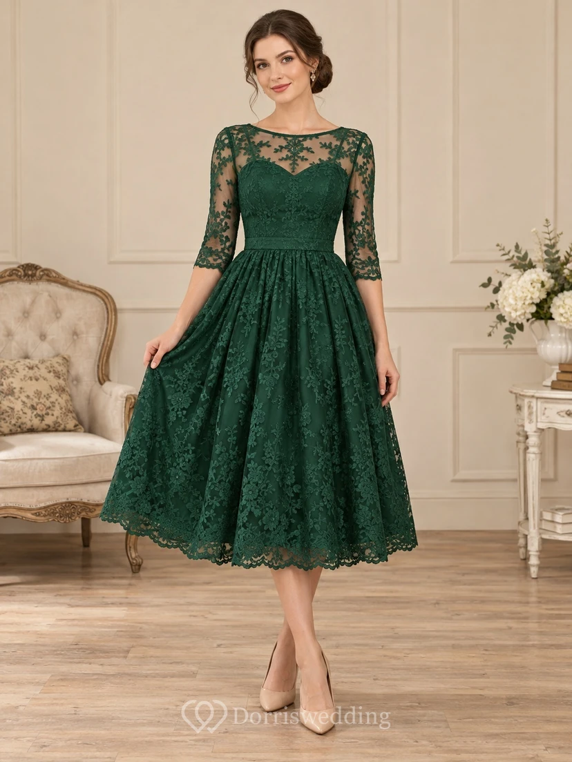 Robe de bal vintage verte mi-longue en dentelle, col rond, manches trois-quarts, col rond, manches trois-quarts