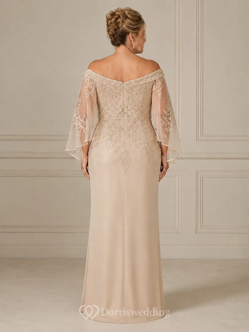 Sheath Off-the-Shoulder Half Sleeve Satin Mother Dress with Cape view 2