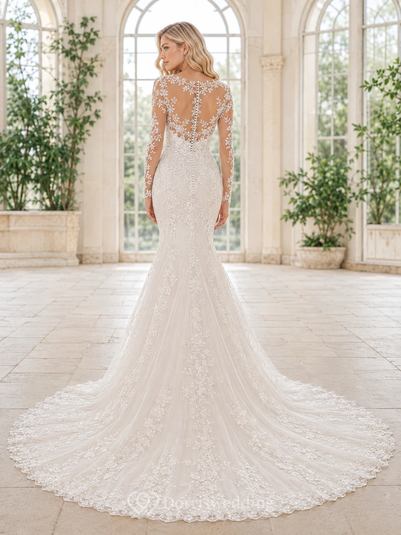 Robe de mariée sirène en dentelle sur mesure, col montant, manches longues, traîne chapelle, applications florales, style jardin view 2