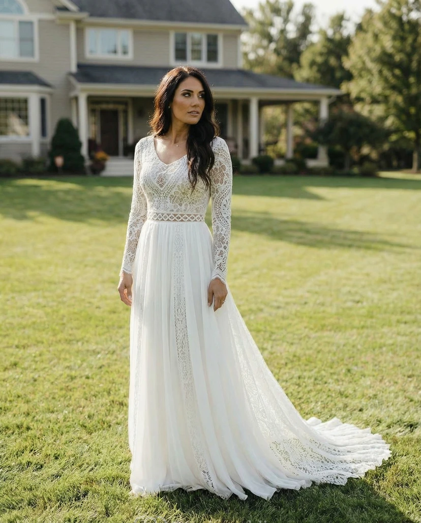 Vestido de novia clásico de encaje con mangas largas y falda de gasa en línea A. view 3