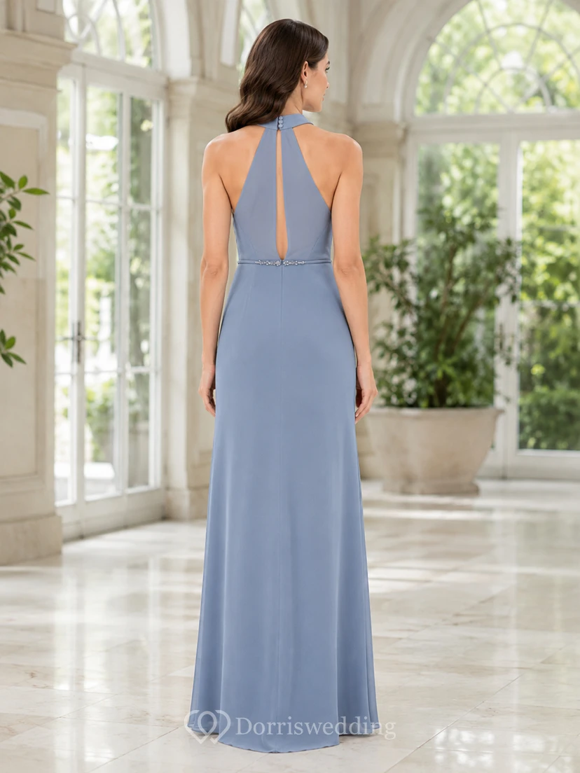 Dusty blue halter tie neck sheath floor gown view 2