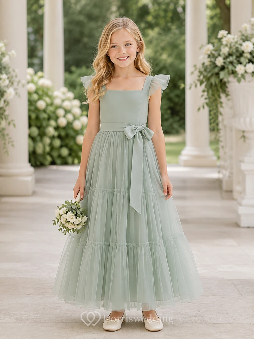 Sage Tiered Tulle A-Line Flower Girl Dress with Short Sleeves, Square Neck, Tea-Length Skirt, Bow Detail and Tiered Skirt