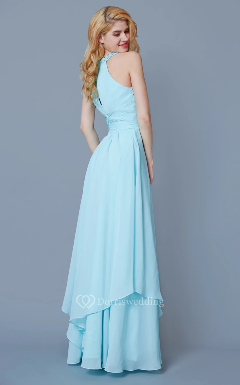 Sleeveless Jewel Neck Ruffled Long Chiffon Dress view 4