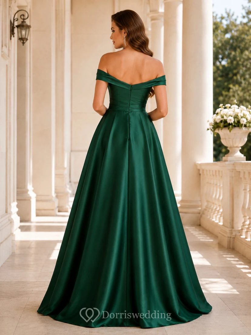 Emerald Off Shoulder Satin A-Line Floor Length Formal Dress view 2