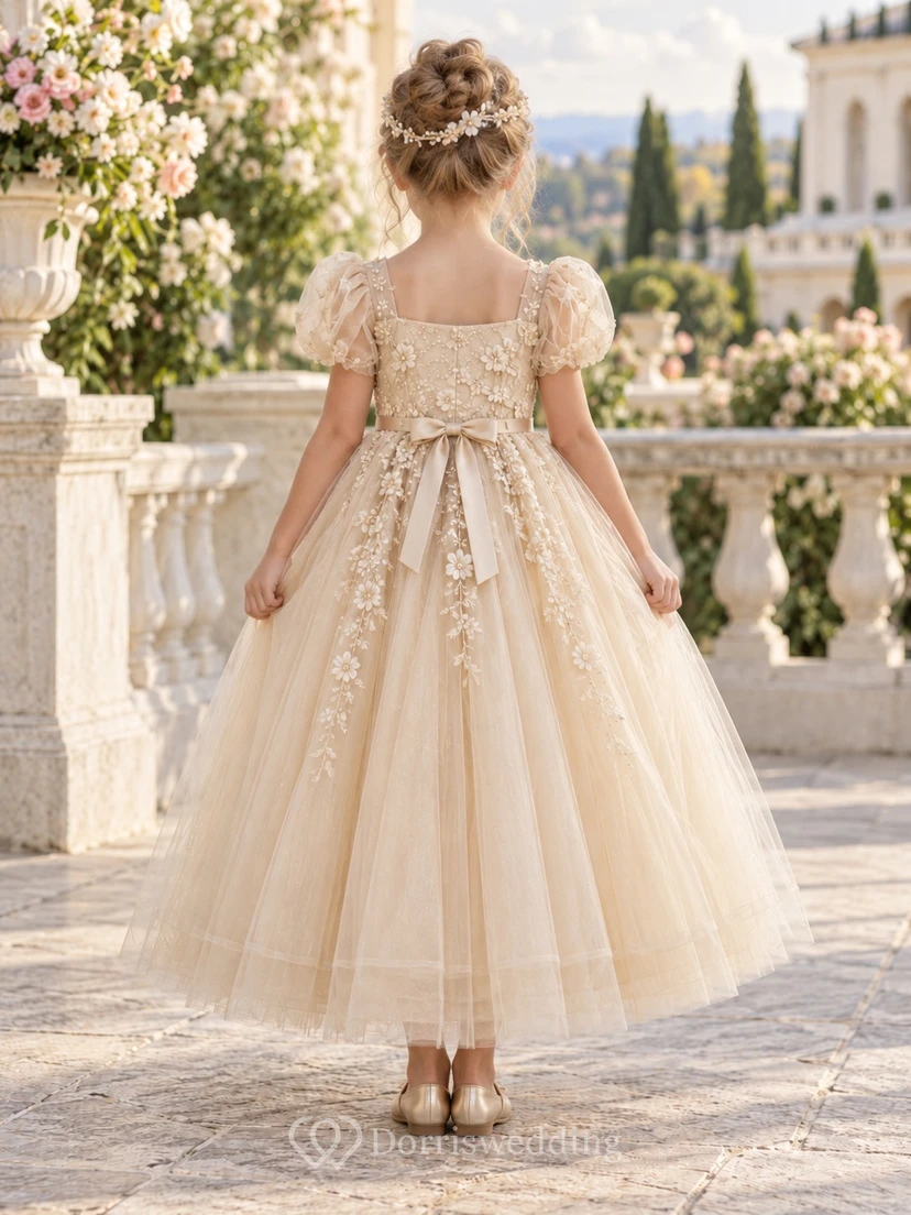Champagnerfarbenes, geblümtes A-Linien-Kleid aus Tüll mit Puffärmeln, knöchellang, Schleifentaille und Applikationen für Blumenmädchen view 2