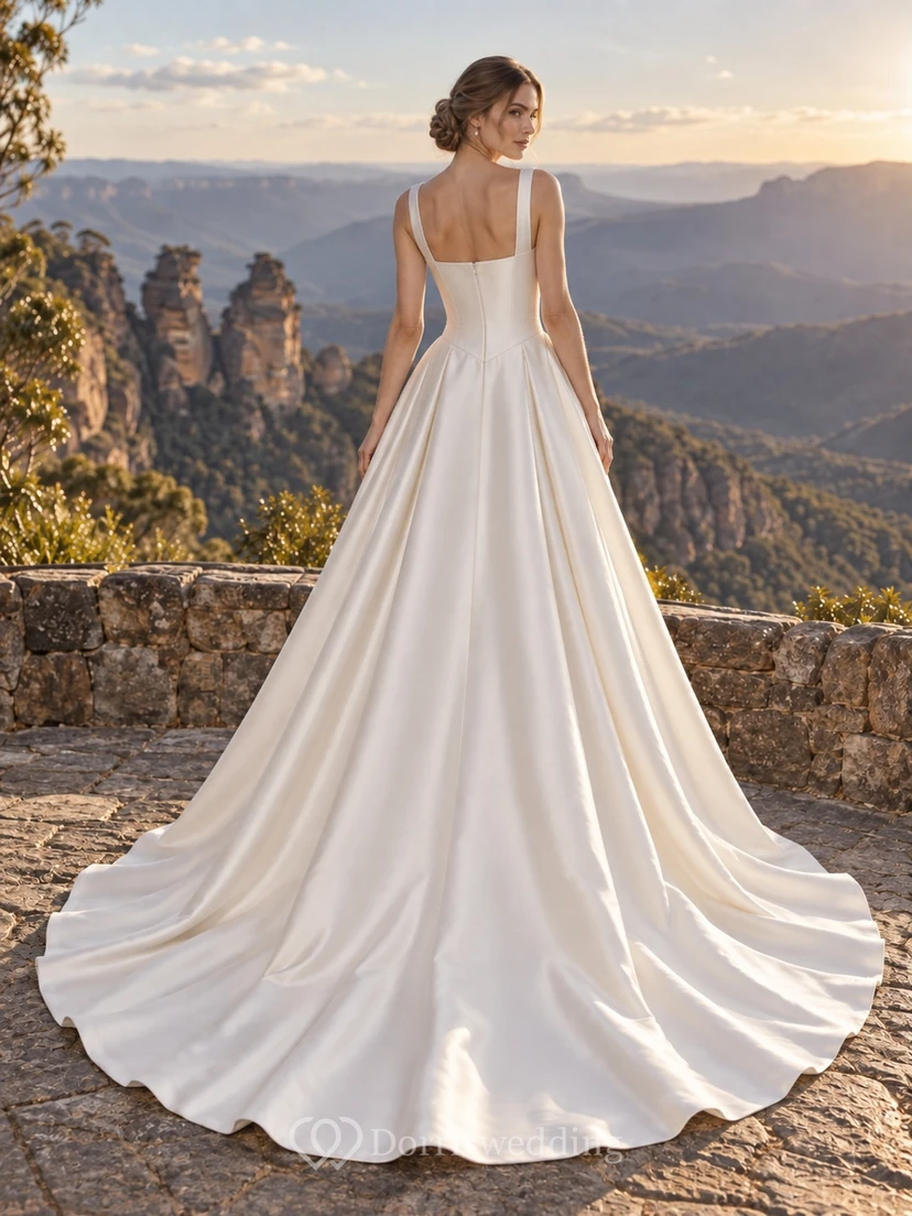 Schlichtes Brautkleid aus Satin mit eckigem Ausschnitt, breiten Trägern und schwungvoller A-Linie view 2
