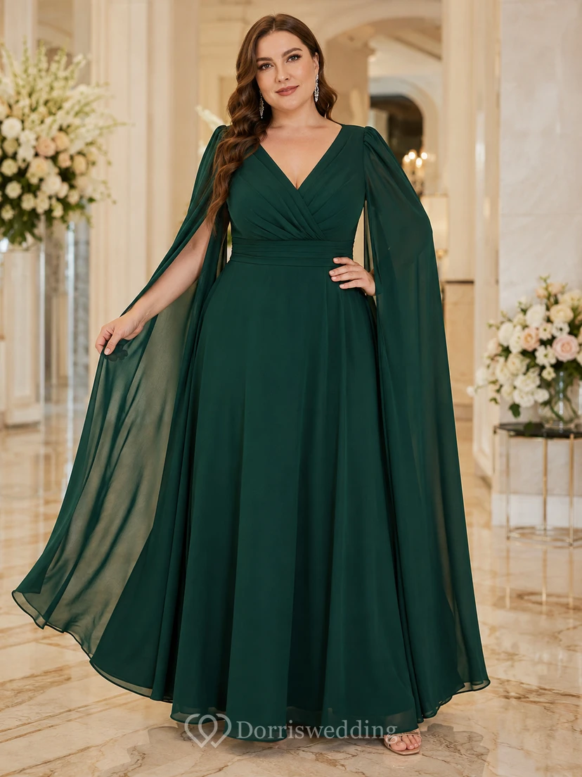 Vestido de invitada de talla grande, largo hasta el suelo, de gasa, con cuello en V, color verde oscuro.