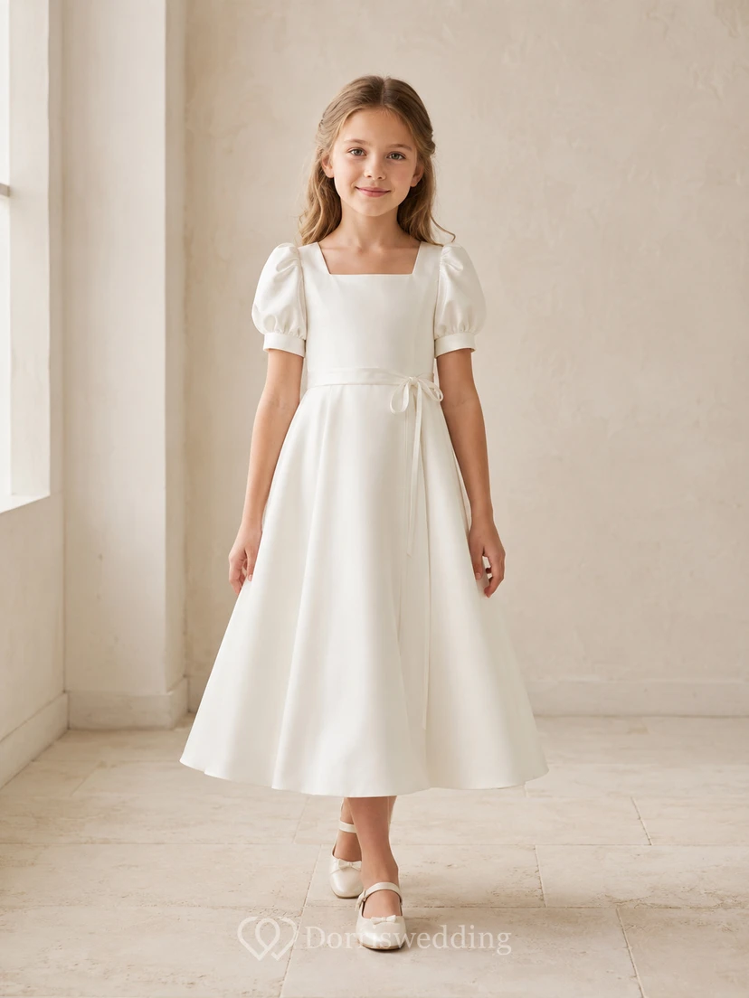 Vestido de niña de las flores, color marfil, satén, corte en A, manga corta, cuello joya, largo hasta la rodilla.