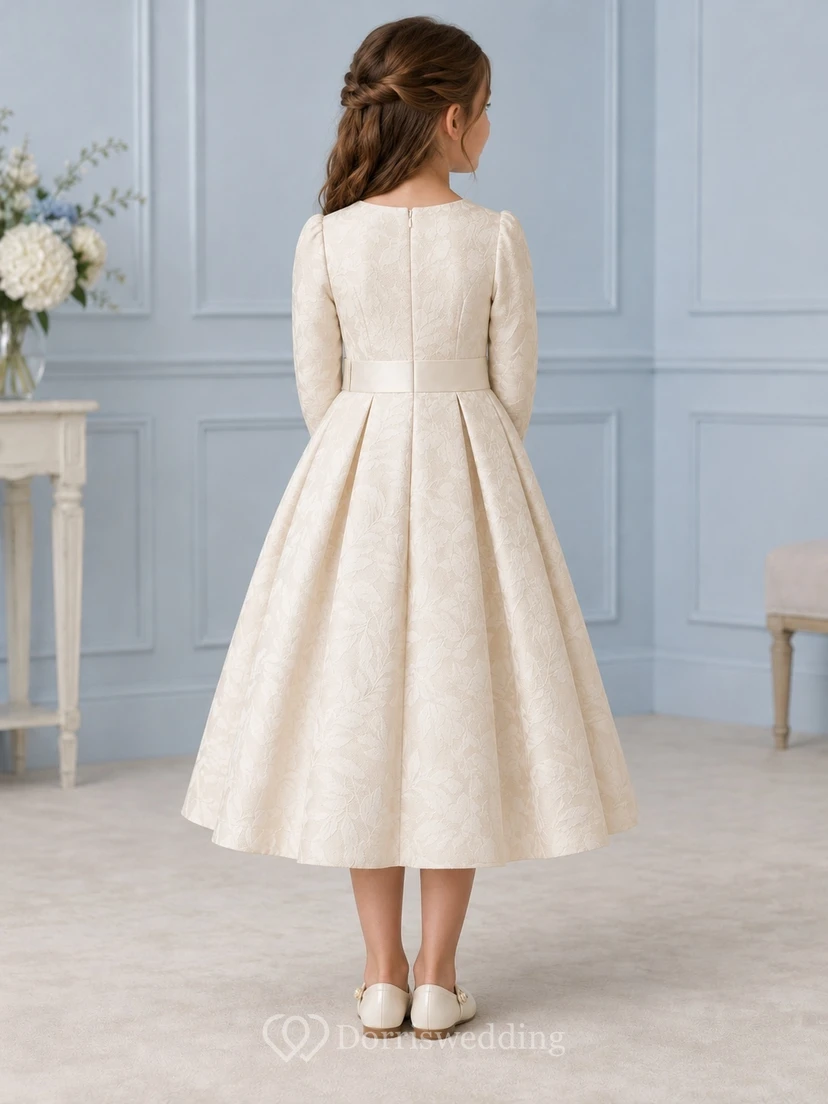 Modest Long Sleeve Cream Tea-length Folded Tab Banded Jacquard Pleated Flower Girl Dress