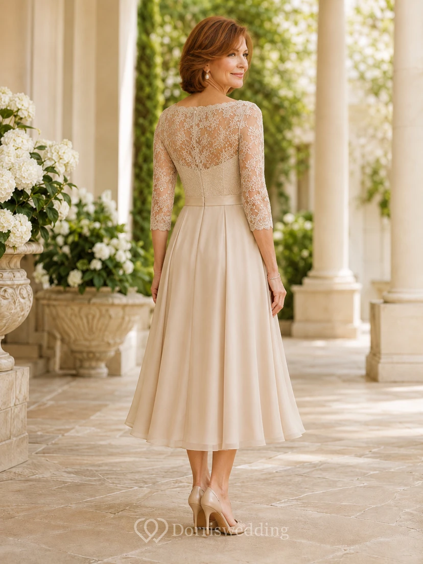 Romantisches, zierliches Champagner-Spitzenkleid mit Illusion-Ausschnitt, Dreiviertelärmeln, A-Linien-Schnitt und Teelänge aus Satin view 2
