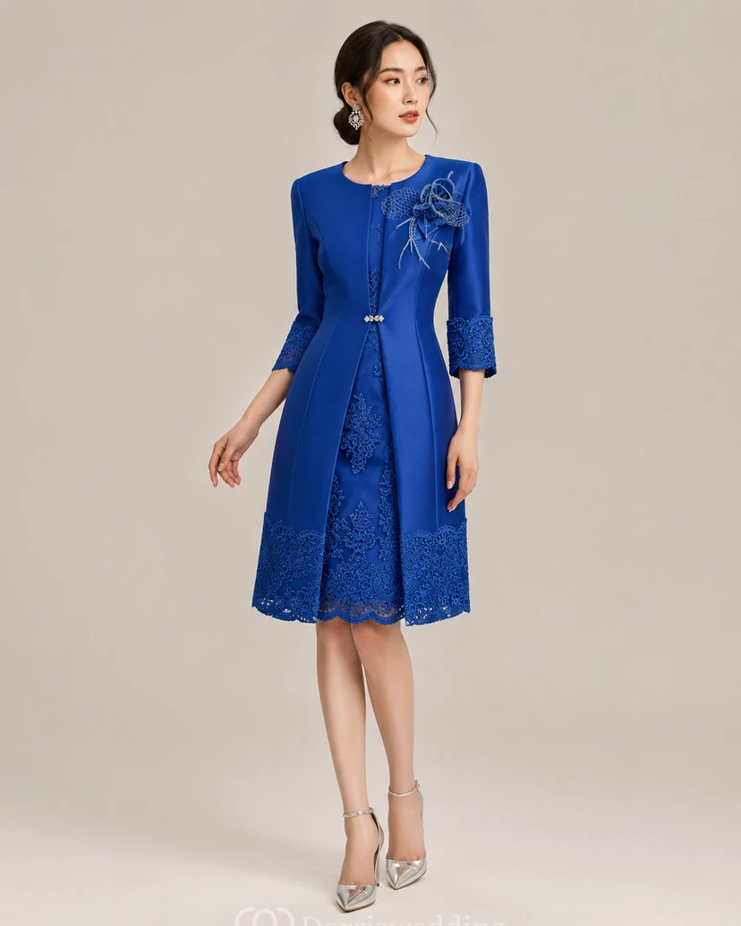 Jewel A-line Knee-length 3-4 Length Sleeve Satin Mother of the Bride Dress with Zipper Back view 7
