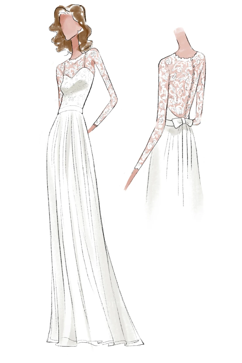 Vestido de novia de gasa, encaje y satén de manga larga view 4