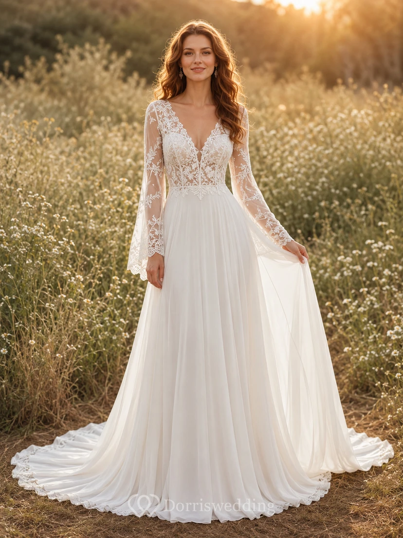 Robe de mariée bohème en mousseline de soie, coupe trapèze, longueur au sol, col en V, manches longues, signée Meadow Covenant