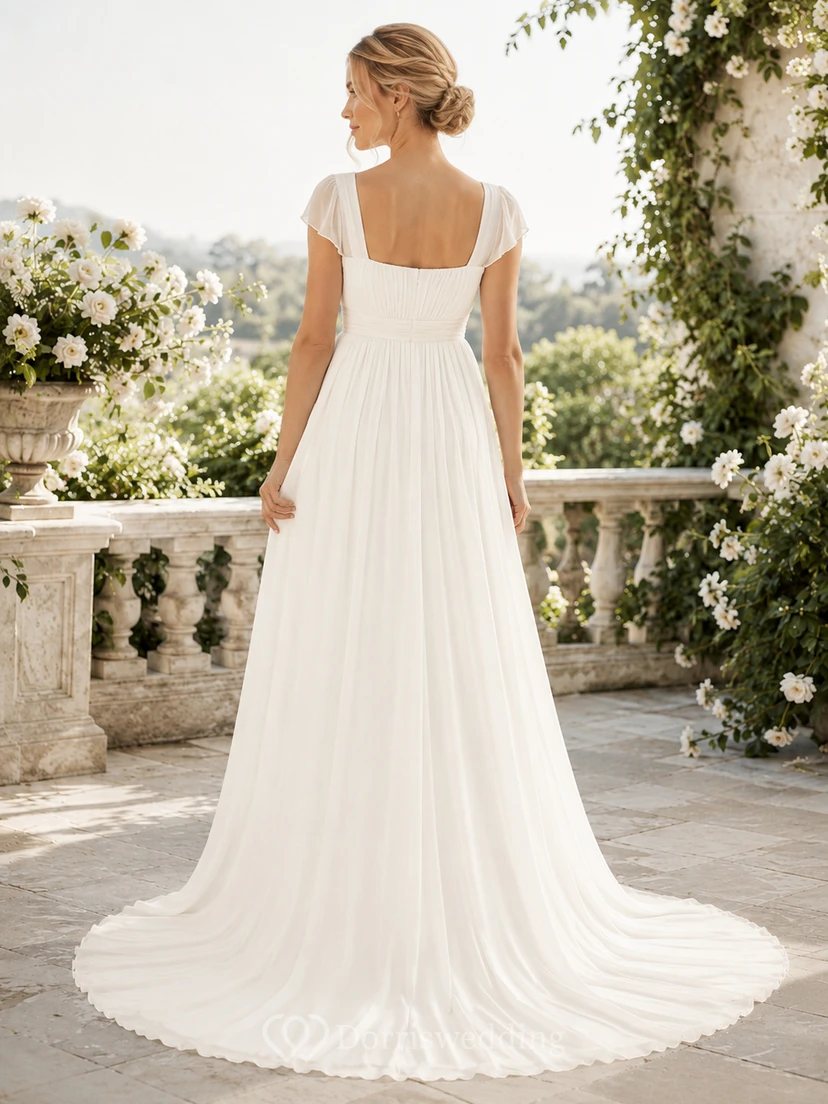 Vestido de novia de gasa, corte A, escote cuadrado, manga corta, cola larga. view 2