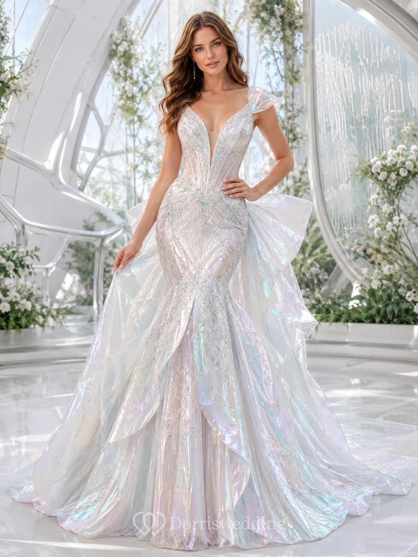 Vestido de novia moderno de sirena con escote en V y lentejuelas plateadas hasta el suelo