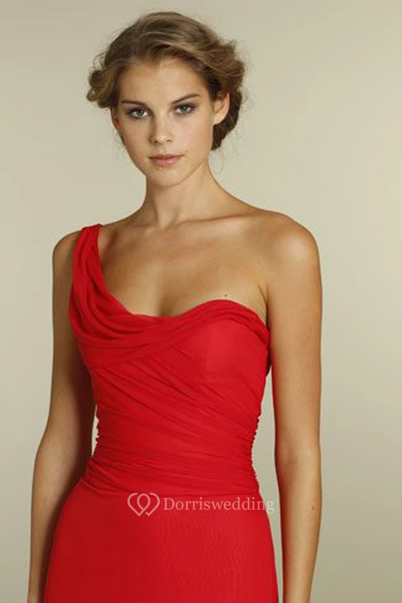 One-Shoulder Sleeveless Ruched Chiffon Bridesmaid Dress With Brush Train view 4