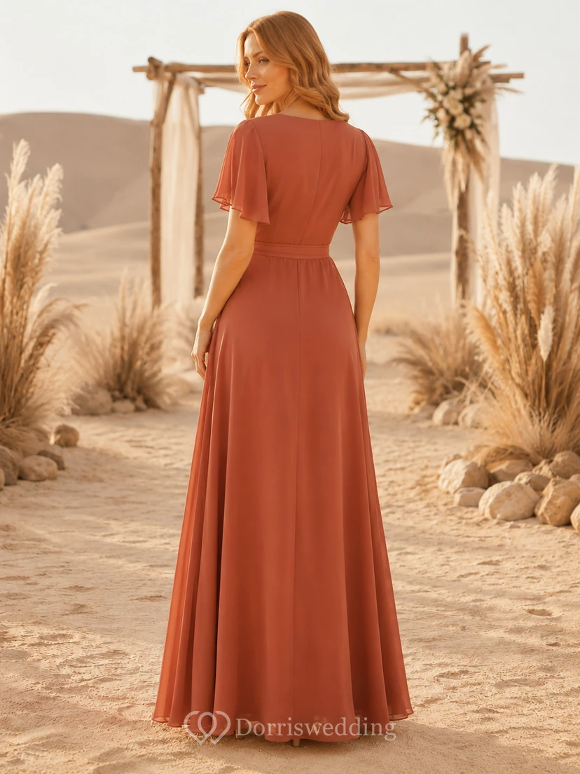 Terracotta V neck chiffon wrap floor length bridesmaid dress view 2