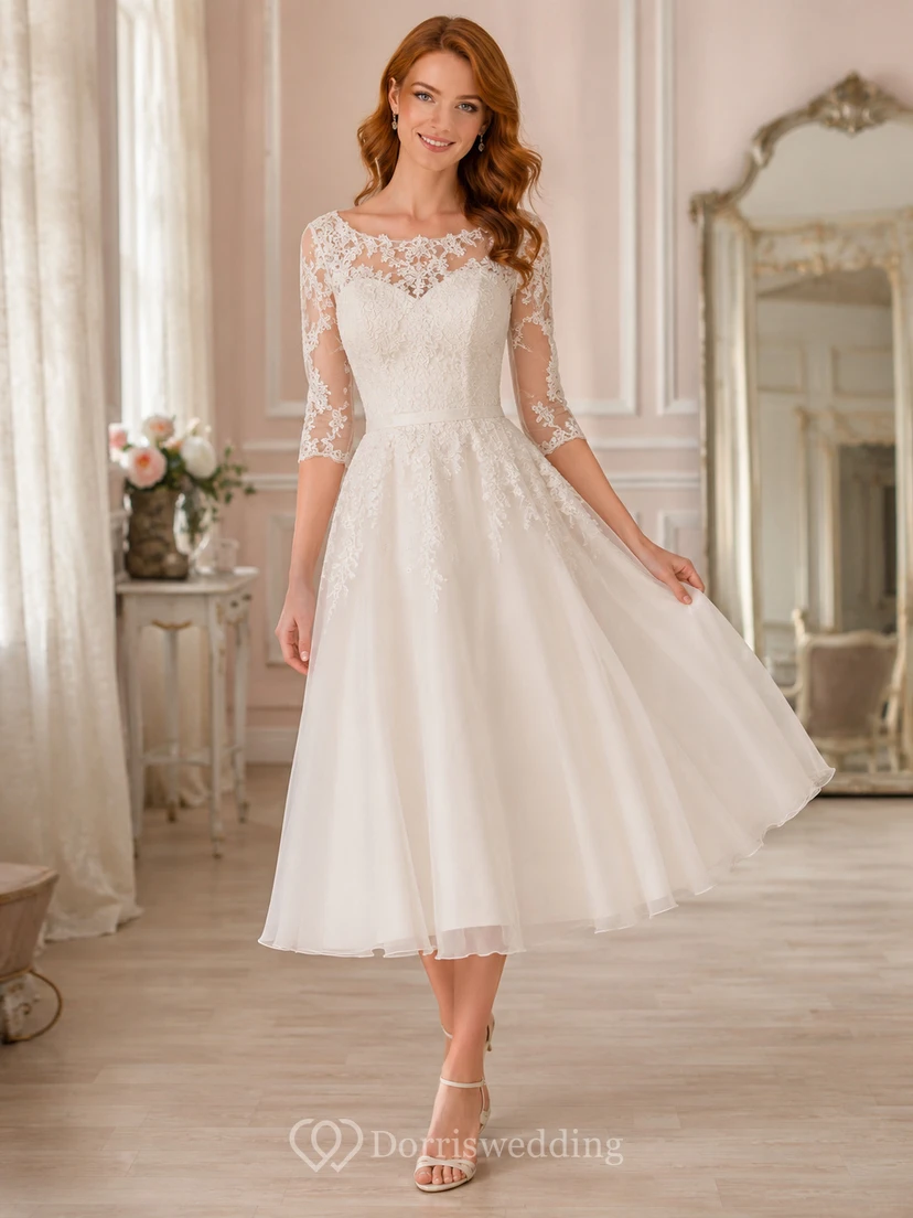 Modest Tea-Length Bateau Long Lace Sleeve Satin Vintage Wedding Dress