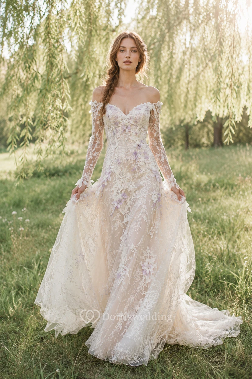 Champagnerfarbenes schulterfreies Brautkleid aus floraler Spitze in A-Linie