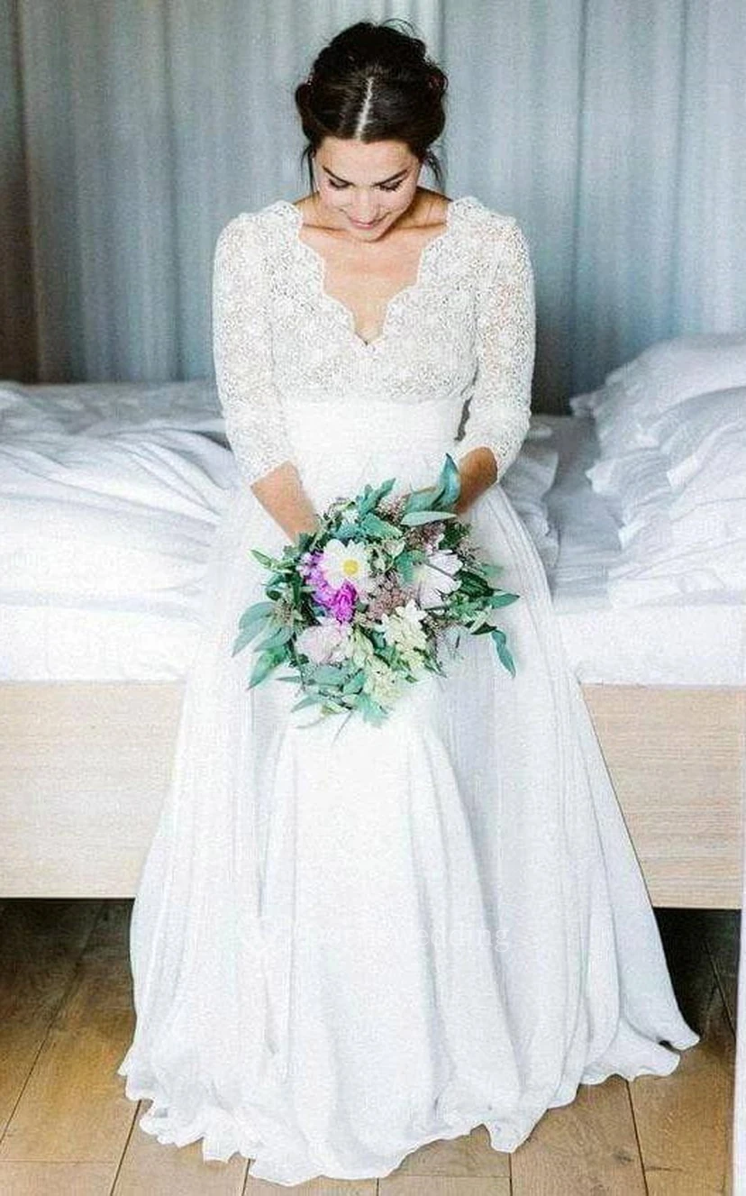 Vestido de novia sencillo de gasa con escote en V y manga larga hasta el suelo, estilo imperio. view 3