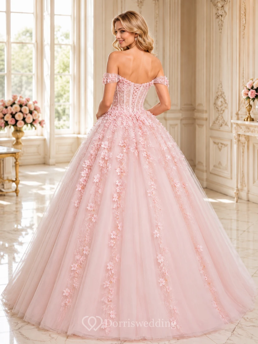 Robe de bal de princesse rose poudré, luxueuse, épaules dénudées, ornée d'appliqués floraux en tulle, pour les 16 ans. view 2
