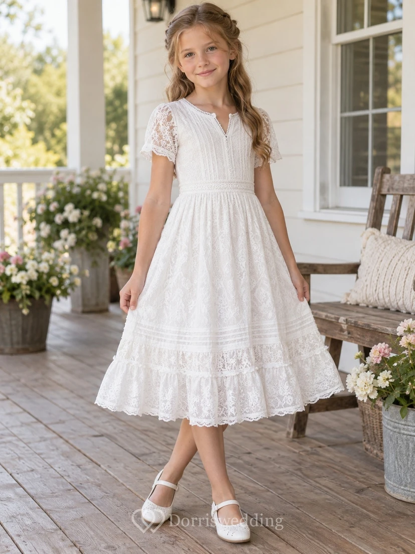 Country White Tea-length Notched Neck Flutter Sleeve Lace Flower Girl Dress