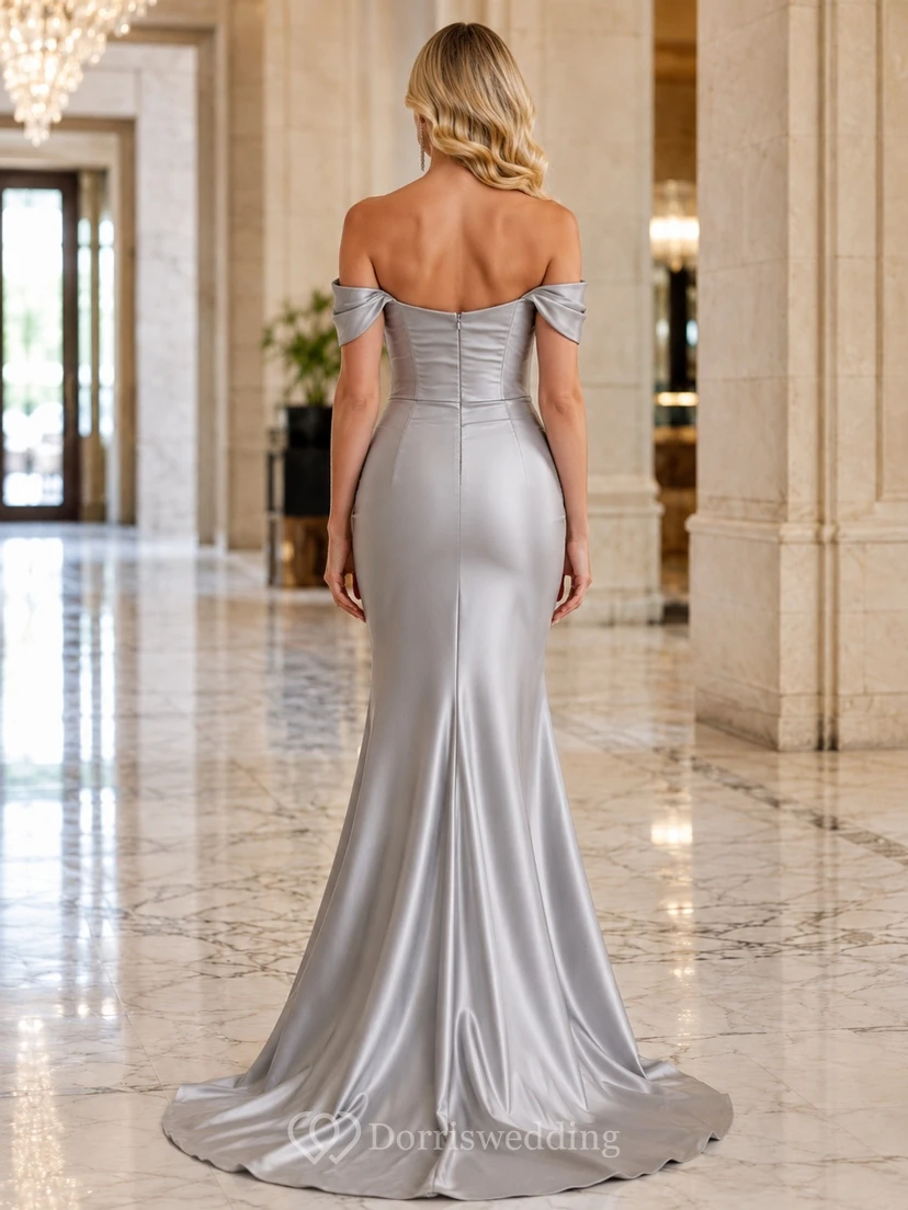 Mermaid Off Shoulder Sexy Draped Silver Formal Evening Dress view 2