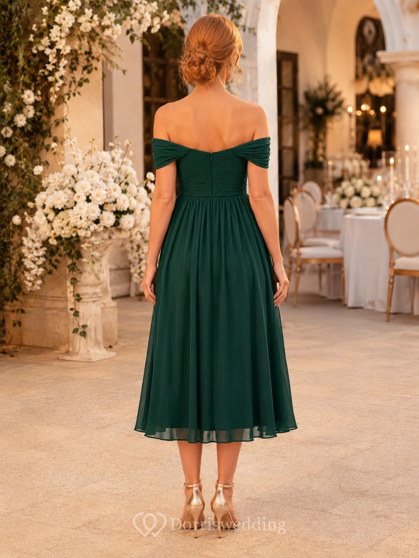 Emerald off shoulder chiffon tea length A-line guest dress view 2