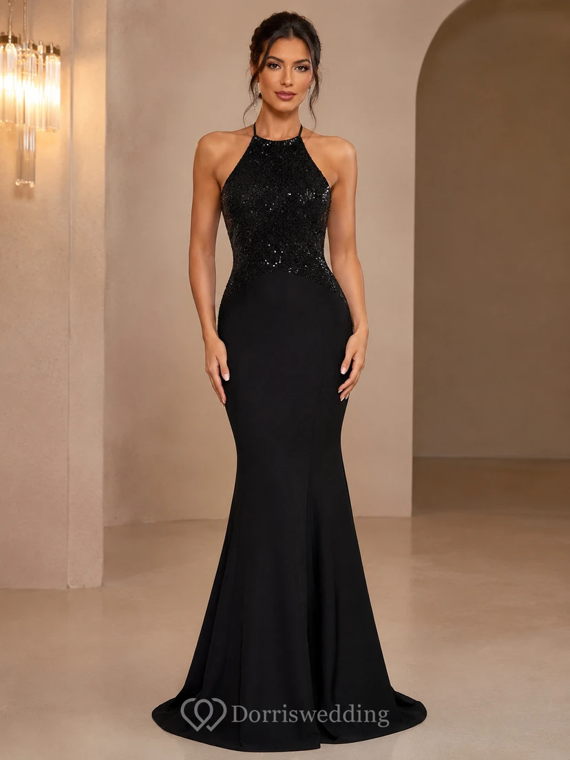 Black Sequin Halter Mermaid Evening Gown