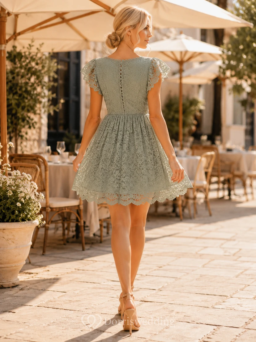 Celadon Cap Lace A-Line Mini V-neck Short Sleeve Romantic Vintage Cocktail Guest Garden Dress view 2