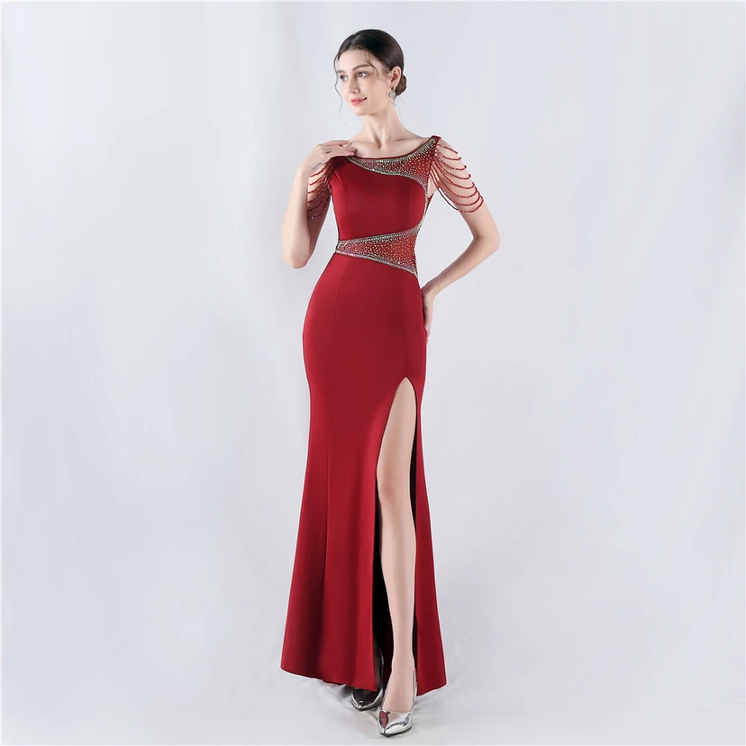 Heavy Hot Diamonds For Transparent Mesh High-Slit Satin Evening Dress Annual Meeting Wedding view 32