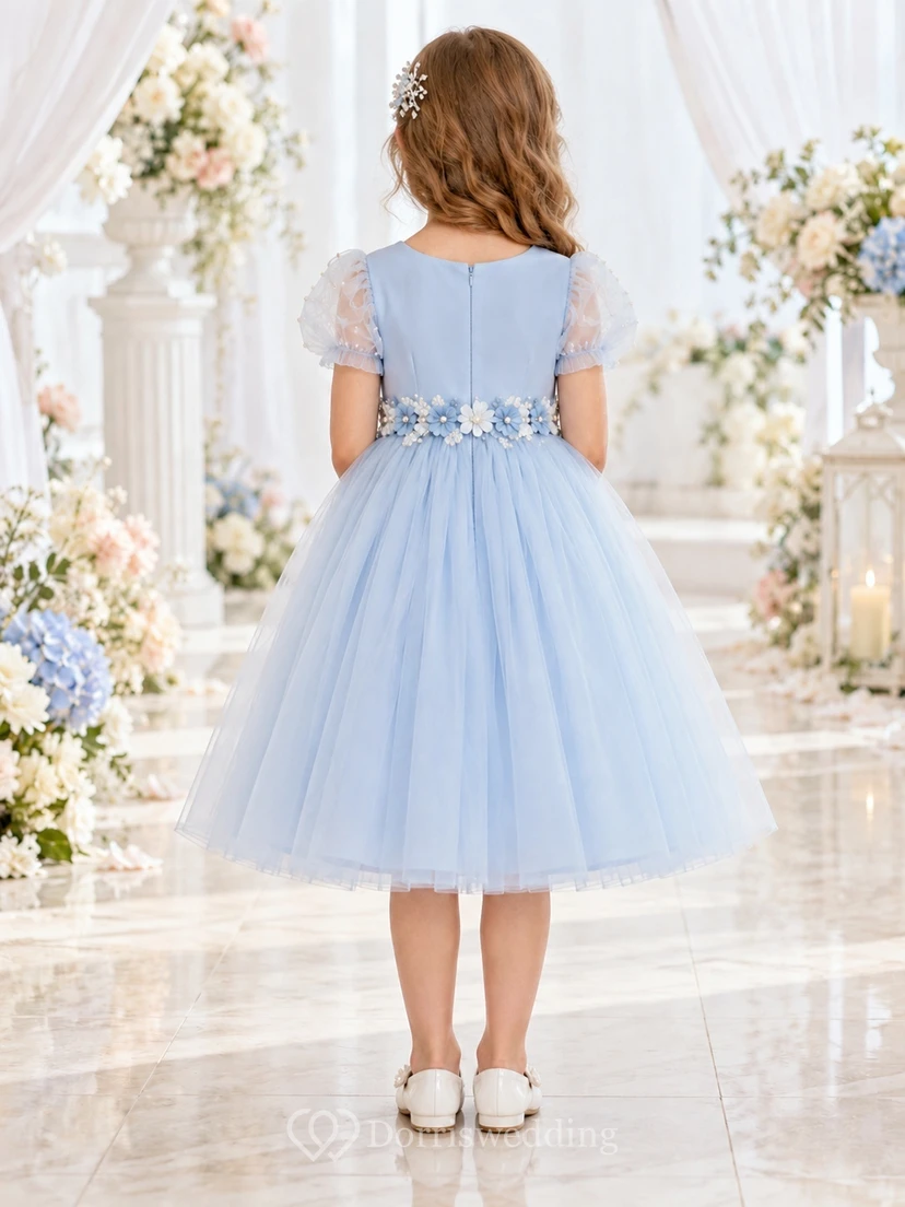 Sky Blue Pearl Puff Sleeve Floral Waist Tulle Flower Girl Dress view 2