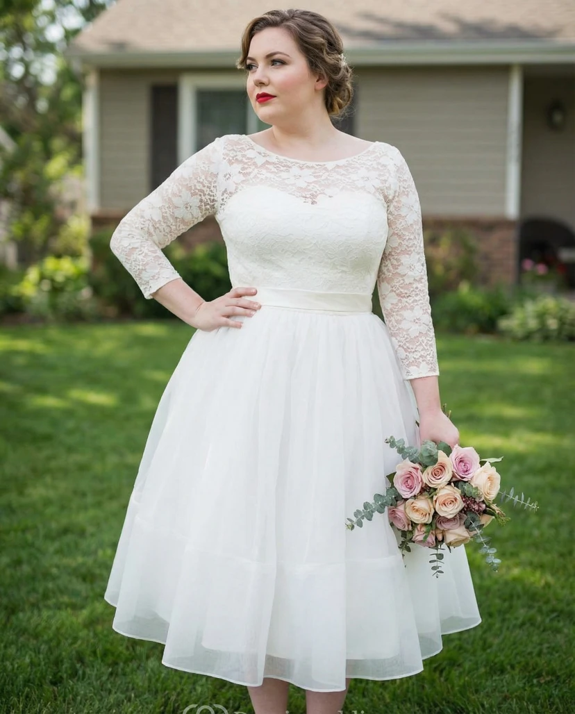 3/4-Ärmel, Spitzen-Brautkleid in Teelänge, Übergröße