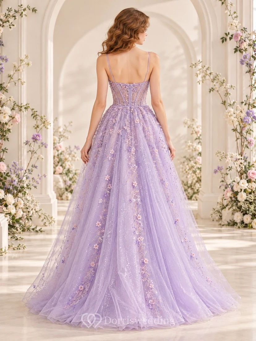 Fairy Lavender Spaghetti Strap Sweetheart Floral Tulle Long Formal Dress view 2