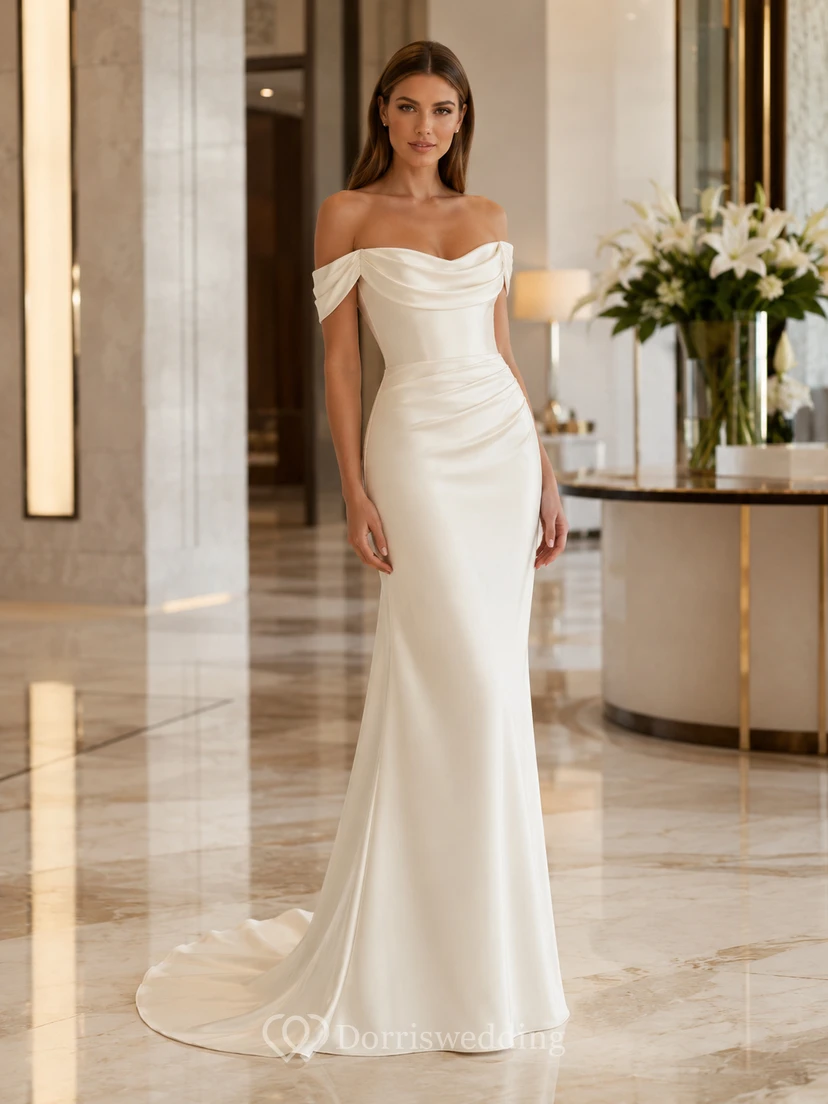 Robe de mariée sirène élégante en satin à épaules dénudées et traîne pour réception