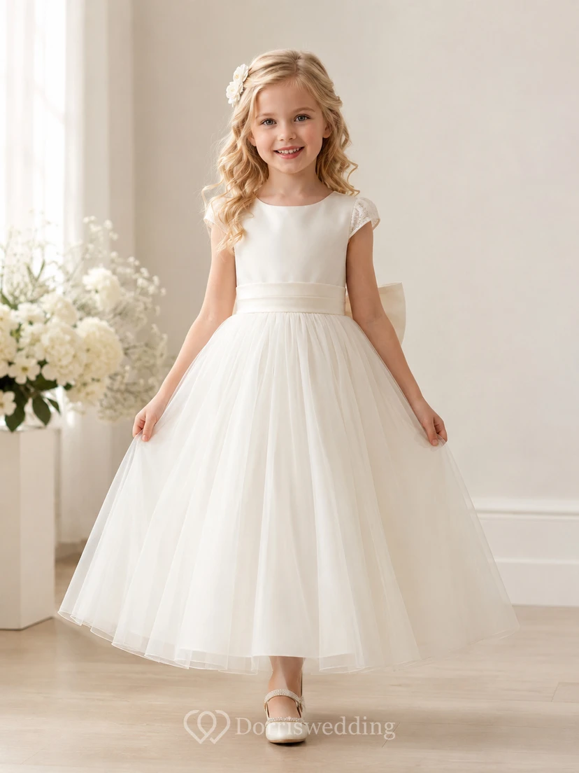 Bow Back Tulle A-Line Flower Girl Dress with Jewel Neck and Tea-Length Skirt