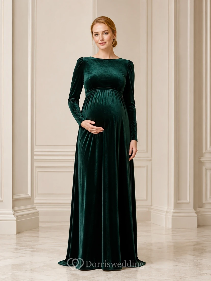 Robe de maternité vert foncé à col rond et manches longues en velours, coupe empire, longueur au sol