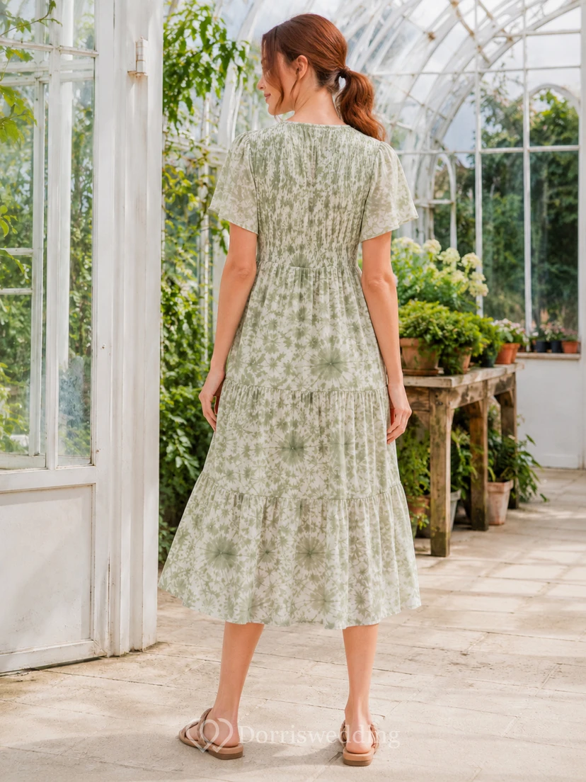 Sage Shibori V-Ausschnitt Flatterärmel Garten Midikleid view 2